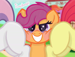Size: 1979x1500 | Tagged: suggestive, artist:iluvhorses, apple bloom, scootaloo, sweetie belle, blank flank, bloom butt, blurry background, blushing, booty mark crusaders, butt, butt smothering, cutie mark crusaders, derpibooru exclusive, earth pony, face smoosh, faceful of ass, female, females only, filly, filly on filly, foal, foalcon, g4, horn, imported from derpibooru, lesbian, my little pony: friendship is magic, outdoors, pegasus, plot, polyamory, polygamy, pony, ponyville schoolhouse, scootaloo gets all the mares, screenshot background, ship:scootabelle, ship:scootabloom, ship:sweetiebloomaloo, shipping, smug, smugaloo, sweetie butt, teeth, trio, trio female, unicorn, wide smile