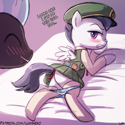 Size: 750x750 | Tagged: suggestive, artist:lumineko, age difference, big dom small sub, blushing, brother, brothers, butt, clothes, colt, crossdressing, draw me like one of your french girls, eyes closed, eyes on the prize, femboy, filly guides, foal, foalcon, g4, gay, implied foalcon, imported from derpibooru, incest, looking back, male, maledom, malesub, marks and recreation, my little pony: friendship is magic, panties, panties around legs, panties pulled down, pegasus, plot, pony, rumble, ship:rumblelane, shipping, sibling incest, siblings, skirt, solo focus, spread wings, stallion, stallion on colt, striped underwear, submissive, thunderlane, underwear, upskirt, wings