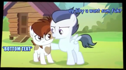 Size: 1094x610 | Tagged: suggestive, ayy bb want sum fuk?, bottom, bottom text, colt, colt on colt, comic sans, edit, foal, foal romance, foalcon, fuk, g4, gay, image macro, impact font, imported from derpibooru, lemme smash, male, marks and recreation, meme, my little pony: friendship is magic, pegasus, pipsqueak, pony, reverse foalcon, rumble, rumblesqueak, screencap, vulgar