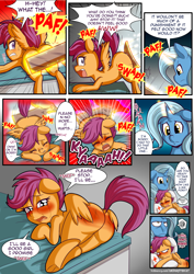 Size: 1860x2622 | Tagged: semi-grimdark, artist:anibaruthecat, scootaloo, oc, oc:cobalt, comic:cutiemark check-up 2, abuse, blank flank, blushing, butt, comic, crying, dialogue, dock, doctor, eyes closed, female, fetish, filly, foal, foalcon, futa, futa trixie, g4, imported from derpibooru, indoors, intersex, looking back, mare, paddle, paddling, pegasus, plot, pony, scootabuse, scootabutt, scrunchy face, spank mark, spanked, spanking, unamused, underhoof, unicorn