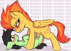 Size: 1398x1002 | Tagged: suggestive, oc, oc:colt anon, age difference, ara ara, artist needed, black mane, blushing, colt, duo, duo male and female, earth pony, female, foal, foalcon, folded wings, g4, green coat, imported from derpibooru, male, mare, mare on colt, mommy, pegasus, pony, sexy, spitfire, standing over, straight, straight shota, stupid sexy spitfire, text, wings