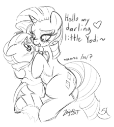 Size: 491x549 | Tagged: suggestive, artist:zajice, rarity, oc, oc:yodi, /ss/, bedroom eyes, blushing, canon x oc, classical unicorn, clothes, cloven hooves, colt, derpibooru exclusive, dialogue, female, foal, foalcon, g4, glasses, grayscale, heart, hey kid you wanna ss?, hoodie, horn, implied incest, imported from derpibooru, leonine tail, male, monochrome, mother and child, mother and son, nervous, pony, sitting, size difference, sketch, straight, straight shota, unicorn, unshorn fetlocks, younger