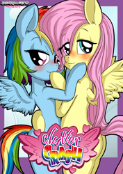 Size: 1860x2622 | Tagged: suggestive, artist:anibaruthecat, fluttershy, rainbow dash, comic:cluttercrash, bipedal, blushing, butt, cluttershy, comic cover, female, filly, foal, foalcon, g4, imported from derpibooru, lesbian, patreon, plot, pony, rainbow crash, semi-anthro, ship:flutterdash, shipping, spread wings, wingboner, wings