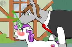 Size: 1189x777 | Tagged: suggestive, artist:wyntermoon, sweetie belle, oc, oc:brushed brew, age difference, canon x oc, clothes, embarrassed, exhibitionism, female, filly, foal, foalcon, g4, horn, horn licking, horngasm, hornjob, humiliation, imported from derpibooru, licking, magical unicorn mayonnaise, male, orgasm, pony, public sex, sex, shipping, stallion, stallion on filly, straight, the cmc's cutie marks, tongue out, unicorn