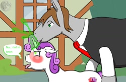 Size: 1189x777 | Tagged: suggestive, artist:wyntermoon, sweetie belle, oc, oc:brushed brew, age difference, canon x oc, clothes, embarrassed, exhibitionism, female, filly, foal, foalcon, g4, horn, horn licking, horngasm, hornjob, humiliation, imported from derpibooru, male, orgasm, pony, public sex, sex, stallion, stallion on filly, straight, text, the cmc's cutie marks, unicorn