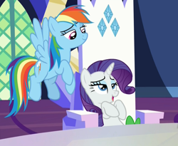 Size: 1217x999 | Tagged: suggestive, rainbow dash, rarity, spike, age difference, bedroom eyes, casual sex, cropped, dragon, edit, edited screencap, exhibitionism, female, foalcon, friendship throne, g4, implied cunnilingus, implied foalcon, implied oral, implied sex, imported from derpibooru, male, mare, my little pony: friendship is magic, not asking for trouble, pegasus, pony, reclining, screencap, season 7, ship:sparity, shipping, sitting, softcore, straight, throne, trio, twilight's castle, unicorn, voyeur, voyeur dash, voyeurism, watching, wingless spike