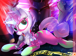 Size: 1346x992 | Tagged: suggestive, artist:sip, sweetie belle, oc, clothes, female, female focus, foalcon, g4, glowing horn, horn, imported from derpibooru, licking, looking at you, magic, microphone, patreon, patreon logo, police tape, pony, prone, show stopper outfits, solo focus, tongue out, undressing, unicorn