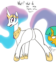 Size: 800x900 | Tagged: suggestive, artist:klondike, princess celestia, alicorn, butt, dialogue, featureless crotch, foalcon, g4, imported from derpibooru, lidded eyes, looking back, plot, pony, princess molestia, rear view, simple background, snails, unicorn, white background