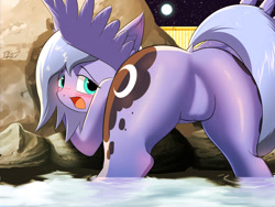 Size: 1600x1200 | Tagged: suggestive, artist:phoenixperegrine, princess luna, alicorn, blushing, both cutie marks, butt, dock, feathered wings, featureless crotch, female, filly, foal, foalcon, g4, imported from derpibooru, looking at you, looking back, mare, moonbutt, nudity, open mouth, plot, pony, presenting, rear view, solo, solo female, spread wings, three quarter view, water, wings, woona, younger