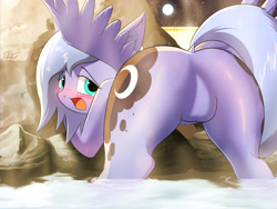 Size: 1600x1200 | Tagged: suggestive, artist:phoenixperegrine, princess luna, alicorn, blushing, both cutie marks, butt, dock, featureless crotch, female, filly, foal, foalcon, g4, imported from derpibooru, looking at you, looking back, mare, moonbutt, nudity, open mouth, plot, pony, presenting, solo, solo female, spread wings, steam, water, wings, woona, younger