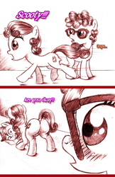 Size: 792x1224 | Tagged: suggestive, artist:jaxonian, scootaloo, sweetie belle, 2 panel comic, ask fapplebloom, ask fapplebloom 3, blushing, butt, comic, dock, eyes on the prize, fapplebloom, female, filly, filly on filly, foal, foalcon, g4, implied lesbian, imported from derpibooru, lesbian, looking at butt, plot, pony, sweetie butt, tail, tail aside, tongue out, twist, unicorn, x eyes