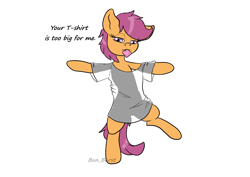Size: 1754x1240 | Tagged: suggestive, artist:bun_burst, scootaloo, bedroom eyes, clothes, condom, condom in mouth, dock, female, filly, foal, foalcon, g4, imported from derpibooru, looking at you, messy mane, mouth hold, partial nudity, pegasus, semi-anthro, shirt, simple background, t-shirt, tail, white background