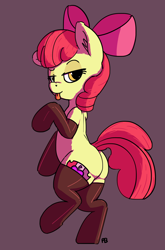 Size: 1266x1920 | Tagged: suggestive, artist:pabbley, apple bloom, adorabloom, adorasexy, bipedal, butt, clothes, cute, earth pony, female, filly, foal, foalcon, g4, imported from derpibooru, lidded eyes, plot, pony, sexy, simple background, socks, solo, solo female, tongue out