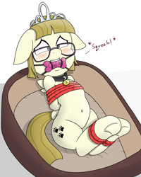 Size: 4000x5000 | Tagged: semi-grimdark, suggestive, artist:greaterlimit, artist:ryuseihikari, absurd resolution, arm behind back, basket, belly button, bit gag, blushing, bondage, bone, bound, bound wings, chew toy, collar, color edit, colored, crown, crying, dog collar, dog toy, edit, female, floppy ears, foal, foalcon, forever filly, g4, gag, glasses, imported from derpibooru, jewelry, kidnapped, my little pony: friendship is magic, pet play, pet tag, pony, regalia, rope, sad face, scared, simple background, solo, solo female, squeak, tied up, underhoof, white background, zippoorwhill