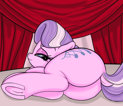 Size: 1860x1602 | Tagged: suggestive, artist:coinpo, diamond tiara, bedroom eyes, butt, curtains, derpibooru exclusive, diamond buttiara, dock, earth pony, female, filly, foal, foalcon, g4, imported from derpibooru, looking at you, looking back, looking back at you, lying down, mare, on side, plot, pony, smiling, smug, solo, the ass was fat, underhoof