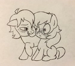 Size: 2518x2228 | Tagged: safe, oc, oc:buttercream, oc:nightly veil, artist needed, blushing, colt, colt on colt, flirting, foal, foalcon, gay, high res, imported from derpibooru, male, oc only, pony, pony oc, pony on pony action, reverse foalcon, short mane, traditional art
