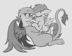 Size: 1340x1033 | Tagged: suggestive, artist:lockerobster, scootaloo, bedroom eyes, blushing, cutie mark, drool, drool string, eyes closed, female, floppy ears, foalcon, french kiss, g4, gabby, griffon, imported from derpibooru, kissing, lesbian, monochrome, pegasus, pony, ship:gabbyloo, shipping, sloppy kissing, spread wings, the cmc's cutie marks, traditional art, wingboner, wings