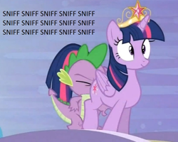 Size: 729x583 | Tagged: suggestive, spike, twilight sparkle, alicorn, butt sniffing, caption, cropped, dragon, edit, edited screencap, faceful of ass, female, foalcon, g4, happy, imported from derpibooru, inverted mouth, male, mare, my little pony: friendship is magic, pony, princess twilight sparkle (episode), screencap, season 4, smell, sniffing, spike running into twilight's rear, straight, text, wingless spike