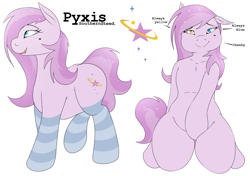 Size: 1900x1336 | Tagged: suggestive, artist:southernsteed, oc, oc:pyxis, clothes, colt, crossdressing, eyelashes, foal, foalcon, heterochromia, imported from derpibooru, legwear, male, oc only, reference sheet, socks, solo, solo male, striped socks, thigh highs, trap