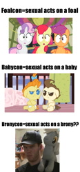 Size: 502x1080 | Tagged: suggestive, apple bloom, scootaloo, sweetie belle, baby cakes, babycon, brony, bronycon, cutie mark crusaders, derpy hooves, earth pony, edit, edited screencap, foalcon, g4, hearts and hooves day (episode), human, image macro, implied foalcon, imported from derpibooru, insane troll logic, irl, irl human, littleshyfim, logic, meme, my little pony: friendship is magic, pegasus, photo, plushie, pony, pound cake, pumpkin cake, screencap, unicorn