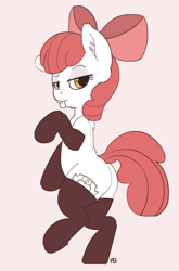 Size: 4026x6105 | Tagged: suggestive, artist:pabbley, apple bloom, absurd resolution, bipedal, clothes, cutie mark, earth pony, female, filly, foal, foalcon, g4, imported from derpibooru, lidded eyes, partial color, pony, simple background, socks, solo, solo female, the cmc's cutie marks, tongue out