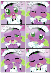 Size: 1741x2500 | Tagged: suggestive, artist:pyruvate, spike, comic:dragon queen, blushing, clothes, comic, crossdressing, cum eating instructions, dialogue, dominant pov, dragon, explicit source, eyes closed, femdom, foalcon, g4, good boy, implied rarity, imported from derpibooru, looking at you, maid, male, malesub, offscreen character, open mouth, pov, puffy cheeks, sissy, solo, solo male, submissive, swallowing, tongue out
