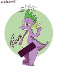 Size: 1536x2048 | Tagged: suggestive, artist:vumm61, spike, censor bar, censored, censored penis, choker, dragon, foalcon, g4, green eyes, imported from derpibooru, looking at you, male, simple background, smiling, smiling at you, solo, solo male, spiked choker, waving, waving at you, wingless spike