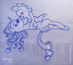 Size: 1580x1412 | Tagged: suggestive, artist:dubstepina, rarity, spike, age difference, bedroom eyes, blushing, dragon, duo, duo male and female, female, foalcon, g4, imported from derpibooru, looking at each other, lust, male, on back, open mouth, pony, ship:sparity, shipping, straight, unicorn, wingless spike