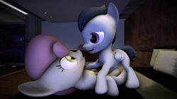 Size: 3840x2160 | Tagged: suggestive, artist:viranimation, sweetie belle, 3d, bed, colt, colt on filly, cute, female, filly, foal, foalcon, g4, high res, imported from derpibooru, male, pony, rumble, ship:rumbelle, shipping, source filmmaker, straight