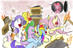 Size: 2000x1329 | Tagged: suggestive, artist:bylisboa, applejack, fluttershy, pinkie pie, rainbow dash, rarity, spike, series:busted, age difference, blushing, caught, colored, cracks, door, dragon, earth pony, edit, female, fire, flutterspariappledash, foalcon, g4, implied fivesome, implied group sex, implied sex, imported from derpibooru, lesbian, lock, locked door, male, mare, orgy, padlock, pegasus, pinkie being pinkie, pony, ship:flutterdash, ship:flutterspike, ship:rainbowspike, ship:rarijack, ship:sparity, shipping, spike gets all the mares, straight, this might not end well, unicorn