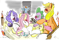 Size: 2512x1722 | Tagged: suggestive, artist:bylisboa, applejack, fluttershy, rainbow dash, rarity, spike, series:busted, age difference, bisexual, blushing, caught, colored, dragon, earth pony, edit, female, fire, fluttersparijack, foalcon, g4, implied foursome, implied group sex, implied sex, imported from derpibooru, male, mare, orgy, pegasus, polyamory, pony, ship:applespike, ship:flutterspike, ship:rarijack, ship:sparijack, ship:sparity, shipping, sparishy, spike gets all the mares, spread wings, straight, sweat, unicorn, wingboner, wings