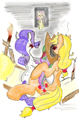 Size: 1638x2526 | Tagged: suggestive, artist:bylisboa, applejack, fluttershy, rarity, spike, series:busted, bisexual, blushing, caught, dragon, earth pony, edit, female, fire, foalcon, g4, implied group sex, implied sex, implied threesome, imported from derpibooru, lesbian, male, mare, polyamory, pony, ship:applespike, ship:rarijack, ship:sparijack, ship:sparity, shipping, straight, sweat, unicorn