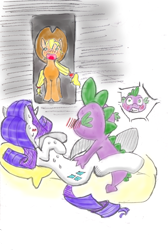 Size: 1086x1620 | Tagged: suggestive, artist:bylisboa, applejack, rarity, spike, series:busted, blushing, caught, dragon, edit, female, foalcon, g4, implied sex, imported from derpibooru, male, mare, pony, ship:sparity, shipping, straight, unicorn
