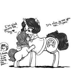 Size: 1000x1000 | Tagged: suggestive, artist:hipsanon, oc, oc:emerald jewel, oc:joyride, oc:ruby rouge, adult, bags under eyes, balls, bandana, casual nudity, child, colt, colt quest, cute, cutie mark, ear piercing, earring, earth pony, eyeshadow, female, filly, foal, foalcon, hair over one eye, hug, imported from derpibooru, jewelry, makeup, male, mantle, mare, monochrome, nudity, nuzzling, oc only, piercing, pony, sheath, smiling, talking, text, unicorn, weapons-grade cute
