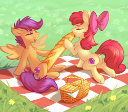 Size: 1000x876 | Tagged: suggestive, artist:tomatocoup, apple bloom, scootaloo, baguette, basket, bow, bread, butt, chest fluff, cutie mark, dock, earth pony, eyes closed, female, filly, flower, foal, foalcon, food, foodplay, g4, grass, hair bow, imported from derpibooru, lolwut, misleading thumbnail, not porn, open mouth, outdoors, pegasus, picnic, picnic basket, picnic blanket, plot, pony, sitting, spread wings, suggestive eating, the cmc's cutie marks, tongue out, underhoof, wat, wings