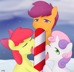 Size: 1230x1202 | Tagged: suggestive, artist:zoarity, apple bloom, scootaloo, sweetie belle, adorasexy, bedroom eyes, bow, candy, candy cane, cute, cutie mark crusaders, earth pony, eyes closed, female, foalcon, food, g4, imported from derpibooru, licking, looking at you, looking down, not porn, one eye closed, open mouth, pegasus, pony, sexy, suggestive eating, tongue out, unicorn, wink