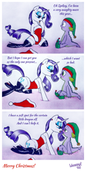 Size: 1354x2728 | Tagged: suggestive, artist:dubstepina, rarity, spike, blushing, boots, christmas, clothes, comic, dialogue, dirty talk, dragon, duo, duo male and female, ear piercing, earring, elf, female, foalcon, g4, hat, high heel boots, imported from derpibooru, jewelry, kneeling, latex, latex boots, legwear, leotard, male, piercing, pony, santa hat, ship:sparity, shipping, shoes, sitting, socks, straight, straight shota, thigh boots, thigh highs, tongue out, unicorn