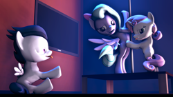 Size: 3840x2160 | Tagged: suggestive, artist:viranimation, sweetie belle, 3d, colt, female, filly, flitter, foal, foalcon, g4, high res, imported from derpibooru, male, mare, pegasus, pole, pole dancing, pony, room, rumble, ship:flitterumble, ship:rumbelle, shipping, straight, straight shota, stripper pole, television, tongue out, unicorn