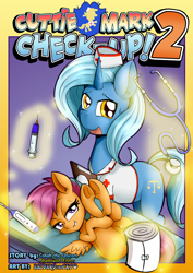 Size: 1860x2622 | Tagged: suggestive, artist:anibaruthecat, scootaloo, oc, oc:cobalt, comic:cutiemark check-up 2, bandage, blank flank, comic, cover art, doctor, female, filly, foal, foalcon, g4, imported from derpibooru, levitation, looking at you, magic, mare, needle, nurse, pegasus, pony, stethoscope, strategically covered, syringe, telekinesis, thermometer, underhoof, unicorn