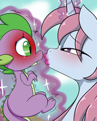 Size: 1600x2000 | Tagged: suggestive, artist:digitaldomain123, spike, bedroom eyes, blushing, blushing profusely, cloud, cute, digital art, female, femdom, foalcon, g4, imminent kissing, imported from derpibooru, kissy face, levitation, lipstick, lipstick fetish, lipstick vanity, magic, male, mare, nervous, open mouth, pony, shaking, ship:vanispike, shipping, spikabetes, straight, sweat, telekinesis, unicorn