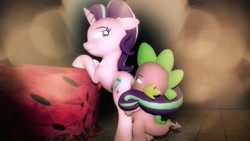 Size: 1024x576 | Tagged: suggestive, artist:lukewop, spike, starlight glimmer, 3d, age difference, aroused, ass worship, bed, bedroom, bedroom eyes, bent over, bipedal, butt, butt kiss, dragon, duo, duo male and female, female, floppy ears, foalcon, from behind, g4, horn, imported from derpibooru, kissing, male, mare, plot, pony, ship:sparlight, shipping, starlight is a foal fiddler, straight, sultry pose, tail wrap, unicorn, wingless spike