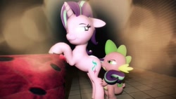 Size: 1024x576 | Tagged: suggestive, artist:lukewop, spike, starlight glimmer, 3d, age difference, aroused, ass worship, bed, bedroom, bedroom eyes, bent over, bipedal, butt kiss, dragon, duo, duo male and female, female, floppy ears, foalcon, from behind, g4, horn, imported from derpibooru, kissing, male, mare, one eye closed, pony, ship:sparlight, shipping, starlight is a foal fiddler, straight, sultry pose, tail wrap, unicorn, wingless spike