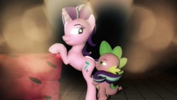 Size: 1024x576 | Tagged: suggestive, artist:lukewop, spike, starlight glimmer, 3d, age difference, aroused, ass worship, bed, bedroom, bedroom eyes, bent over, bipedal, butt kiss, dragon, duo, duo male and female, female, foalcon, from behind, g4, horn, imported from derpibooru, kissing, male, mare, pony, seductive look, ship:sparlight, shipping, starlight is a foal fiddler, straight, sultry pose, tail wrap, unicorn, wingless spike