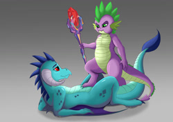 Size: 1403x992 | Tagged: suggestive, artist:exelzior, spike, bedroom eyes, bloodstone scepter, dragon, dragon lord spike, dragoness, eye contact, female, foalcon, foaldom, g4, gradient background, imported from derpibooru, looking at each other, male, maledom, on back, princess ember, ship:emberspike, shipping, smiling, smirk, straight, straight shota, wingless spike