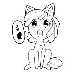 Size: 1200x1200 | Tagged: suggestive, artist:cold-blooded-twilight, apple bloom, anime eyes, chest fluff, cute, dirty talk, female, filly, foal, foalcon, g4, imported from derpibooru, monochrome, open mouth, sketch