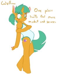 Size: 689x853 | Tagged: suggestive, artist:kryptchild, anthro, clothes, colt, crossdressing, crotch bulge, edit, foal, foalcon, g4, glitter shell, imported from derpibooru, male, mooseknuckle, one-piece swimsuit, snails, solo, solo male, swimsuit, trap