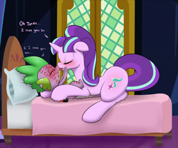 Size: 1713x1433 | Tagged: suggestive, artist:digitaldomain123, spike, starlight glimmer, age difference, bed, blushing, commission, dialogue, digital art, dominant, dragon, drool, duo, duo male and female, female, femdom, foalcon, g4, imported from derpibooru, interspecies, kiss mark, kiss on the lips, kissing, lipstick, lipstick fetish, male, mare, pillow, pony, s5 starlight, ship:sparlight, shipping, size difference, sloppy kissing, smaller male, spikelove, stardom glimmer, straight, straight shota, twilight's castle, unicorn, wingless spike