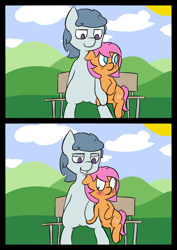 Size: 1000x1414 | Tagged: suggestive, artist:happy harvey, oc, oc:peachy, 2 panel comic, age difference, bad touch, bench, blushing, colored, colt, comic, earth pony, femboy, foal, foalcon, freckles, gay, holding hooves, hoof hold, implied foalcon, imported from derpibooru, male, mischievous, molestation, oc only, phone drawing, pony, sitting, stallion, stallion on colt, trap