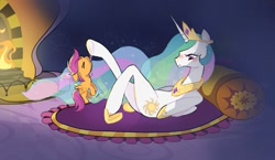 Size: 1280x743 | Tagged: suggestive, princess celestia, scootaloo, ><, age difference, alicorn, anatomically incorrect, artist needed, blank flank, blushing, celestia's crown, crown, duo, duo female, eyes closed, female, fetish, filly, flapping wings, foal, foalcon, g4, hoof fetish, hoof licking, imported from derpibooru, incorrect leg anatomy, indoors, jewelry, lesbian, licking, lying down, mare, on back, pegasus, peytral, pony, regalia, scootalestia, scootaloo can fly, scootaloo can't fly, shipping, size difference, tongue out, underhoof, wings