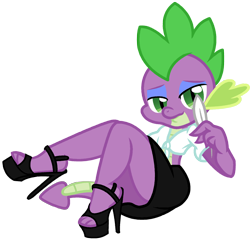 Size: 1133x1082 | Tagged: suggestive, artist:pyruvate, artist:reduxdrawer8k, spike, comic:dragon queen, anthro, ass, bedroom eyes, butt, clothes, crossdressing, dragon, eyeshadow, feather, femboy, femboy spike, foalcon, g4, high heels, imported from derpibooru, librarian, makeup, male, outfit, schrödinger's pantsu, simple background, sissy, skirt, solo, solo male, transparent background, trap, upskirt